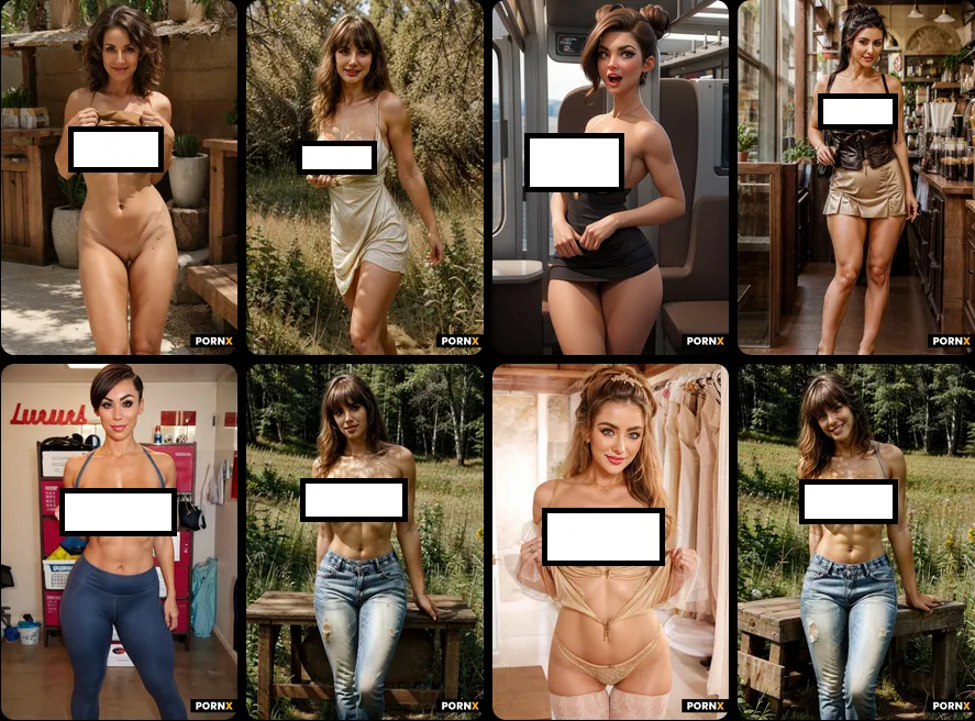 Eight censored AI-generated pictures from PornX AI's category 'Flashing tits'